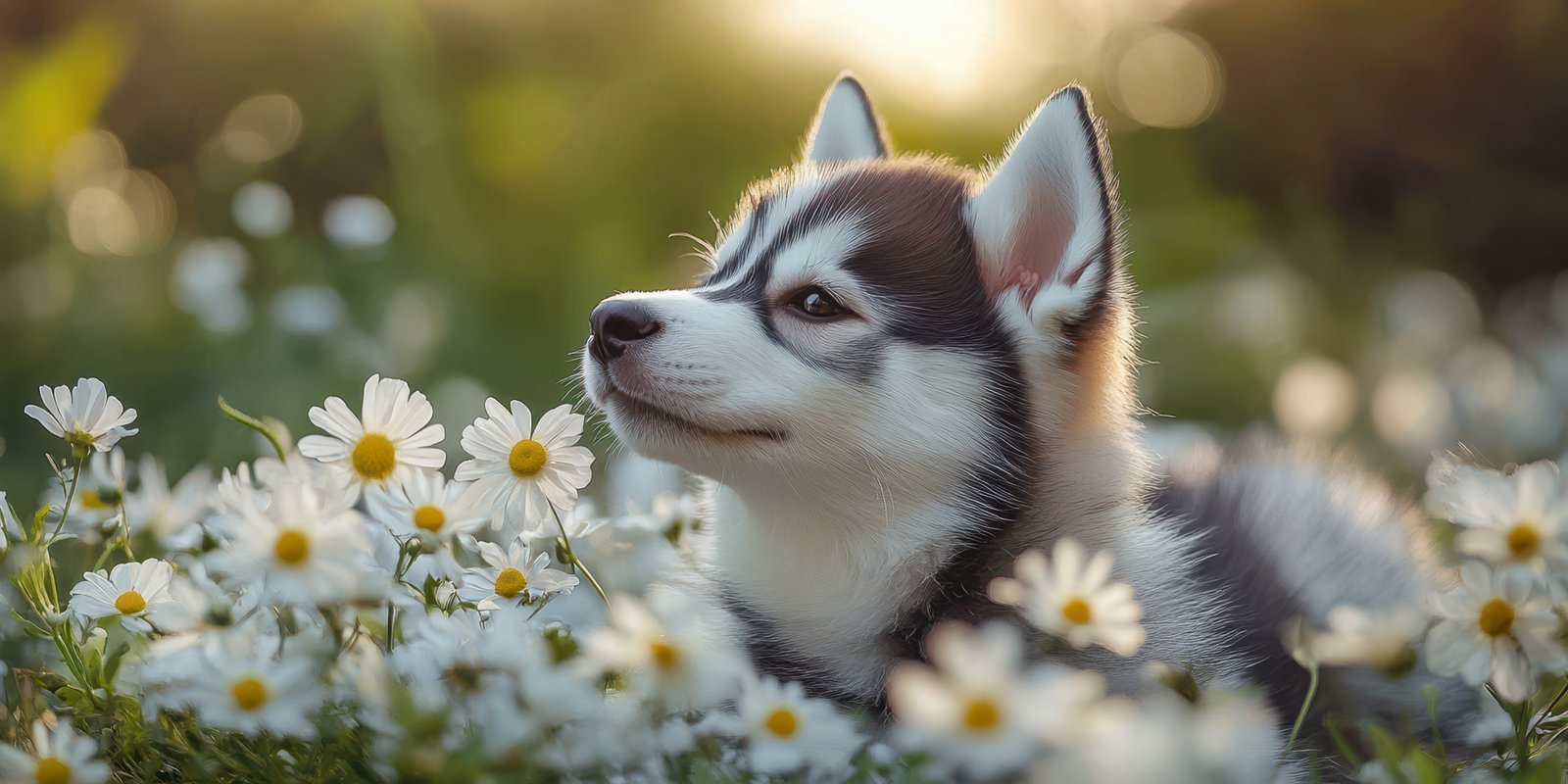 Husky puppy enjoying a sunny day among blooming daisies in a vibrant flower field